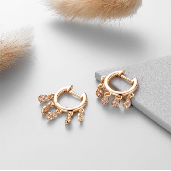 Gold 14k Gold Plated Tassel Cubic Zirconia Hoop Earrings - Picture 4 of 4